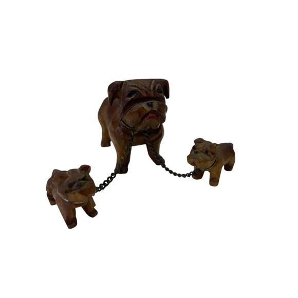 Vtg 40s 50s Chained Bulldog Figurines Wood Carved Knick Knacks Mini Mama Puppies - Picture 2 of 10